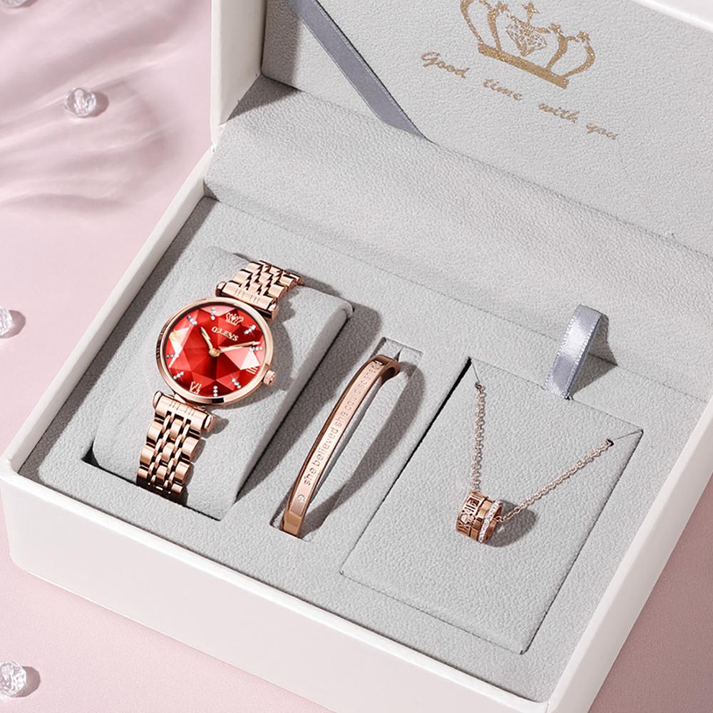 Luxe Vrouwen Horloge Rose Goud Rvs Waterdicht Dameshorloge Rode Jurk Vrouw Polshorloge Cadeau Voor Vrouw Montre Femme: Gift Set Red