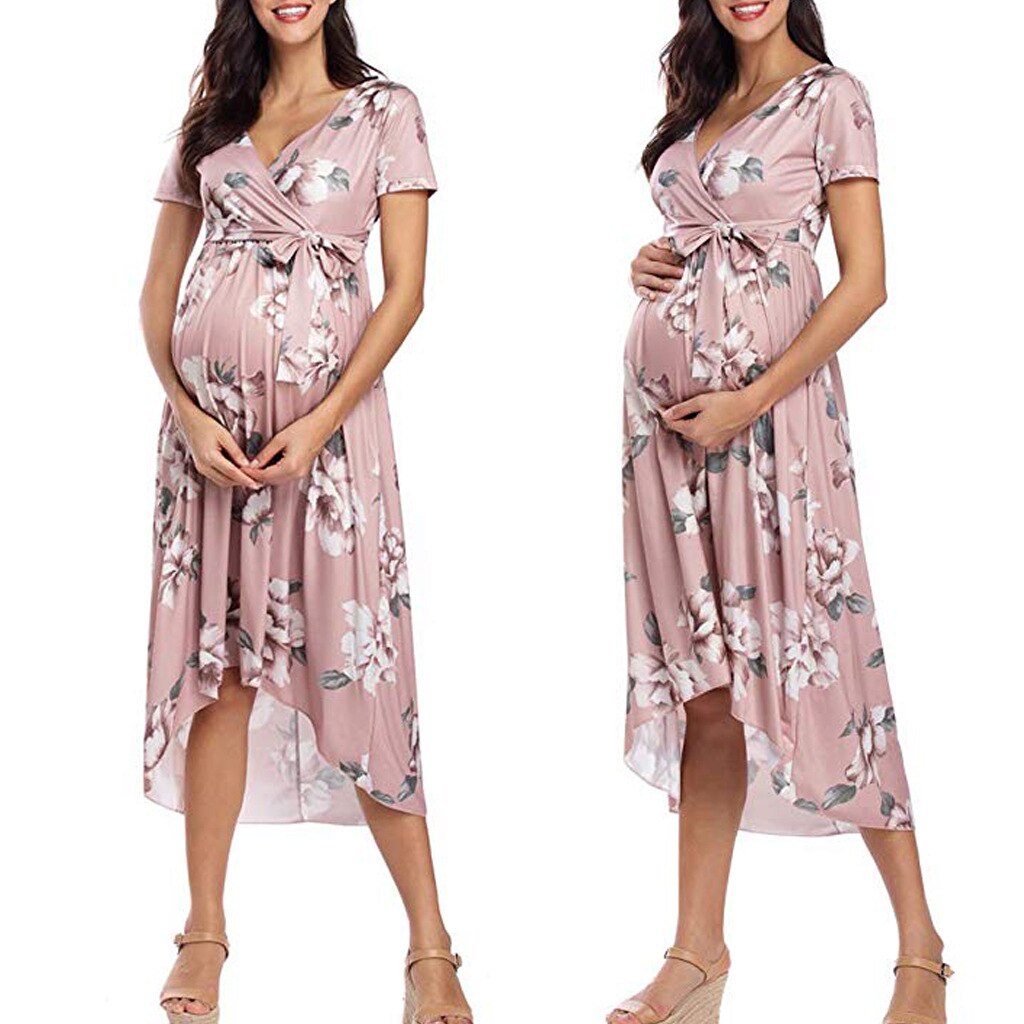 Vestido de talla grande para mujer embarazada, ropa de maternidad con cuello en V, manga corta, Cinturón estampado, 2022
