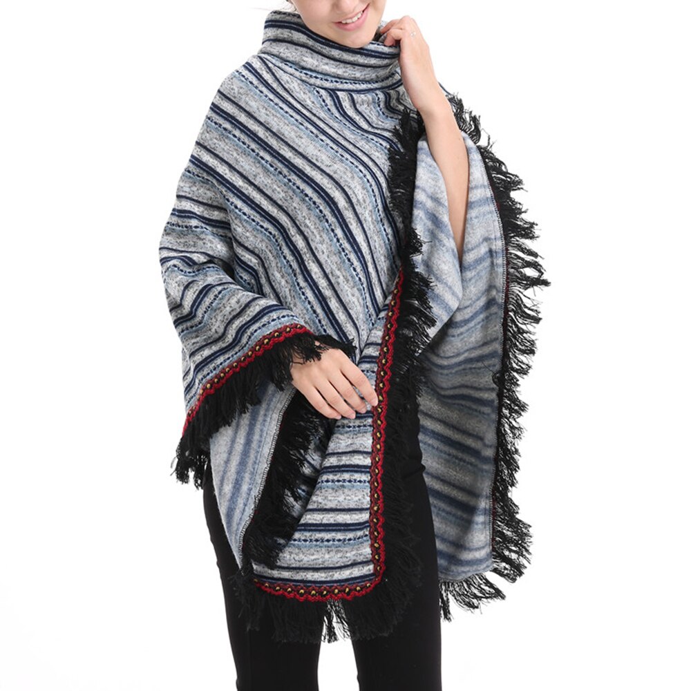 Vinter lang sektion høj krave jakke med frynser sjal løs jakke stribet tyk sweater efterår