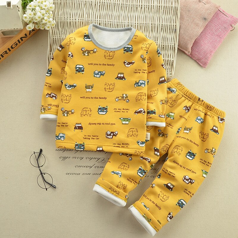 Baby Boy Girl Thermal Underwear Set Kids Cartoon Warm Underwear Children's Plus Velvet Pajamas Winter thicken Warm Clothes