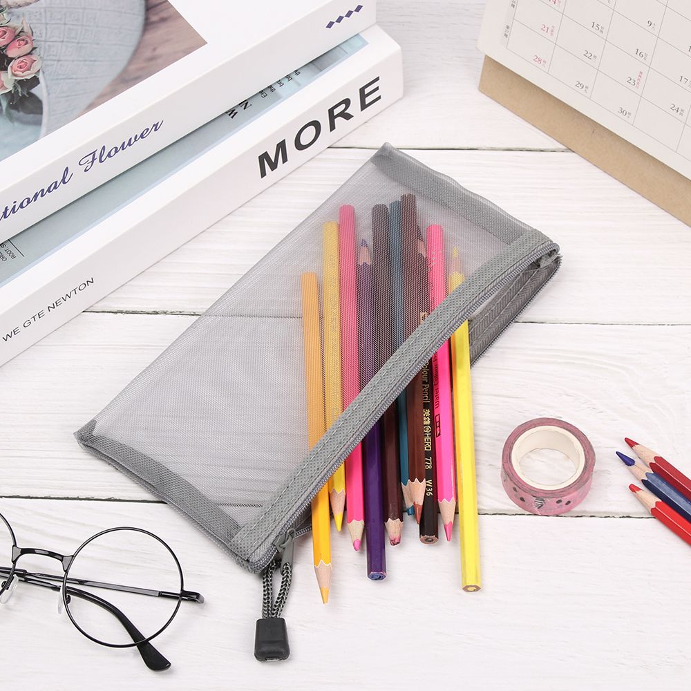 Effen Kleur Nylon Rits Etui Mesh Pen Zak Cosmetische Opslag Transparante Raster Handtassen Portemonnee Mode