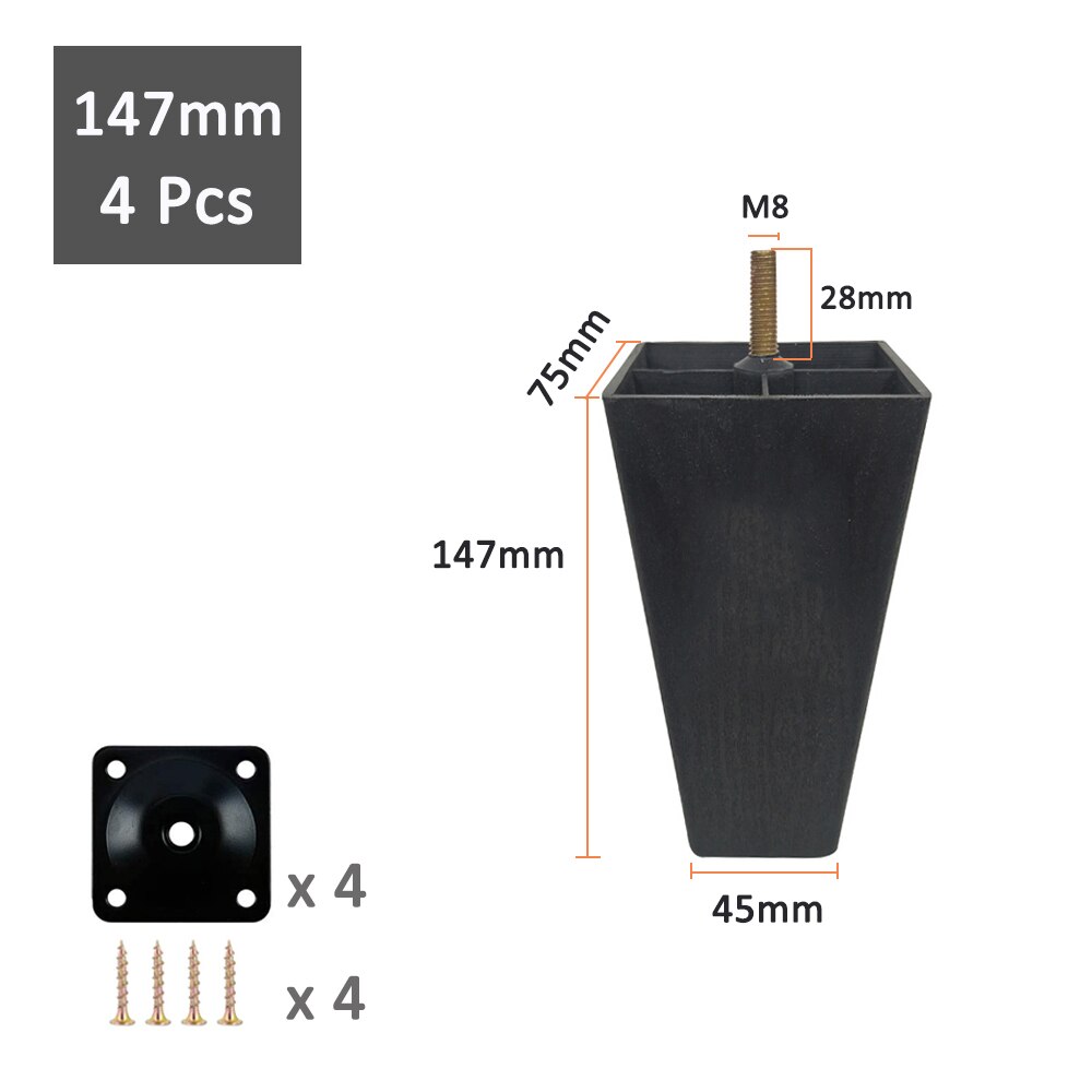 1/4 Pcs Multi-size Square Plastic Furniture Legs Replacement Sofa Legs With M8 Bolts For Couch Cabinet Bed tv stands: 4Pcs 147mm