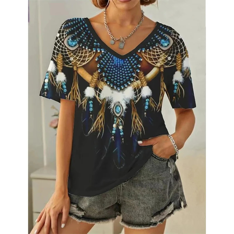 Boho Woman's T-Shirt 3D Ethnic Tassel Pattern Print Short Sleeve Tops Street Casual T Shirt Streetwear Tee Shirt Female Clothing: 4XL / black