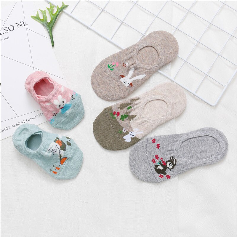 5 par/lot korea sommar tecknat djur kvinnor strumpor kanin katt räv båt strumpor bomull söt kawaii osynliga ankel strumpor: Smt -93-16