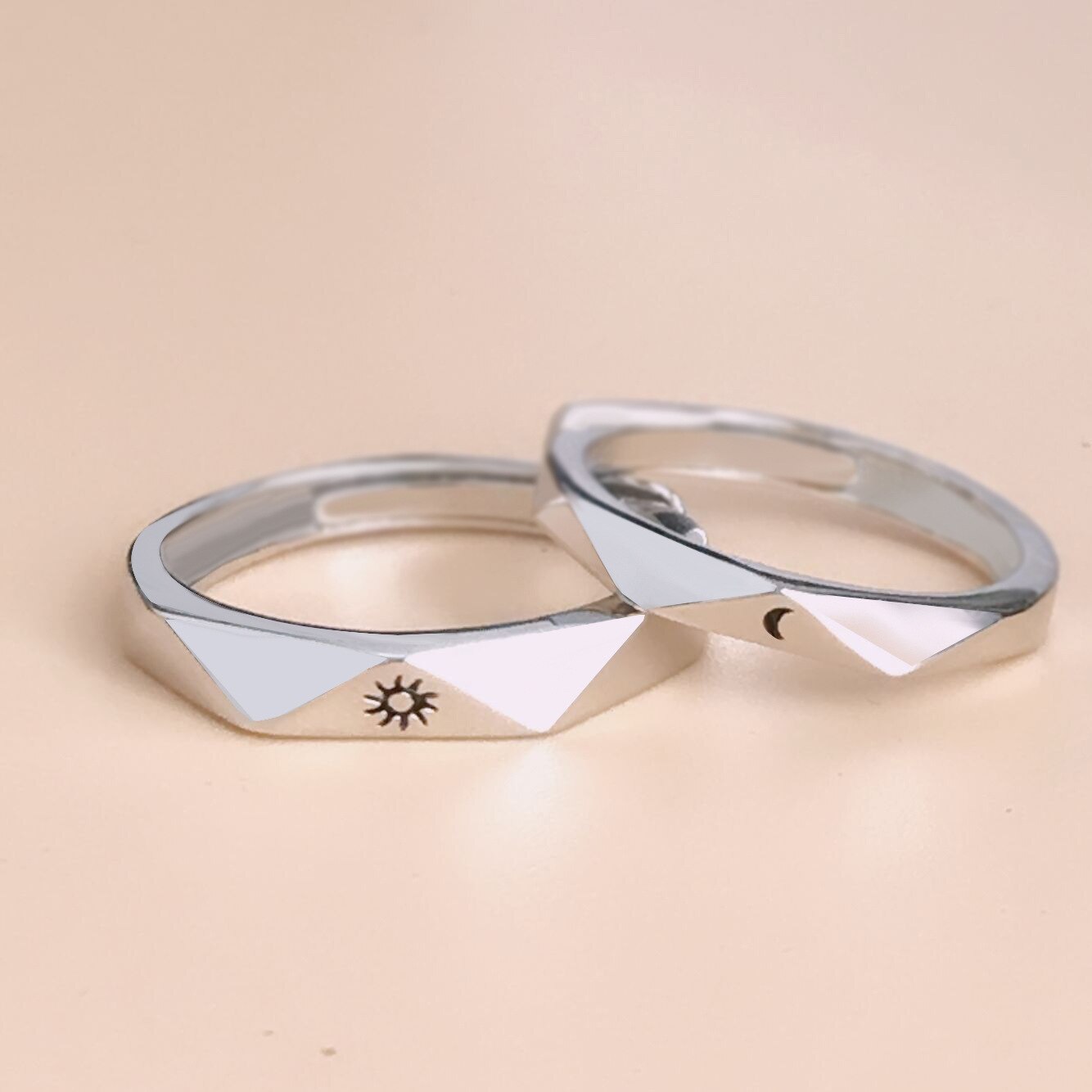 Bagues de Couple pour femmes et hommes, ensemble de 2 pièces, soleil et lune, anneaux de mariage, doigt d'amoureux, couleur argent, bijoux assortis, de saint-valentin: Sun Moon Open 1