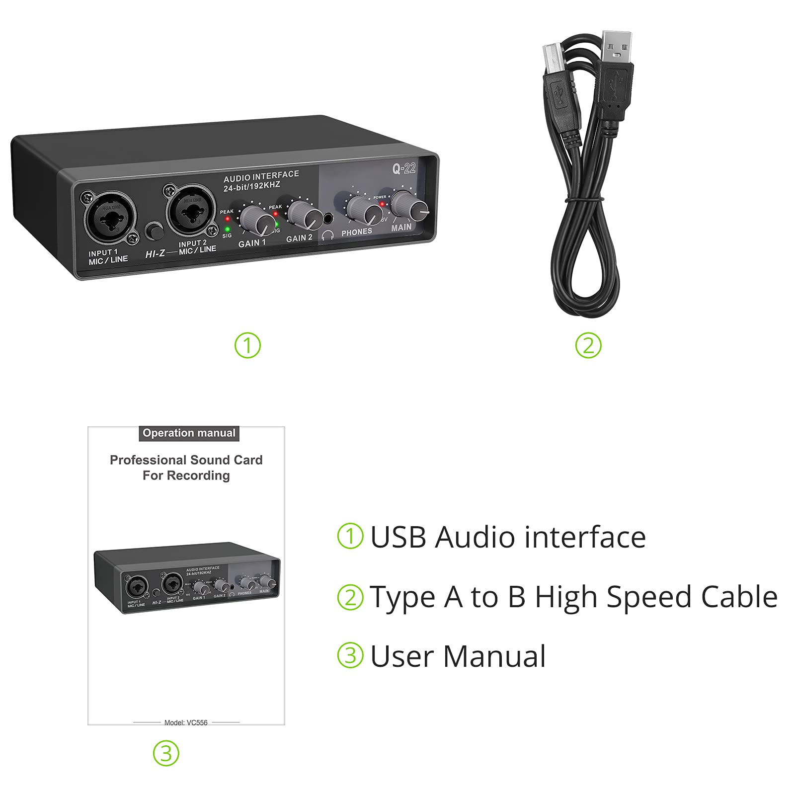 Interfaz de Audio Q-22, tarjeta de sonido con Monitor, mezclador de sonido, guitarra eléctrica para grabación en estudio en vivo, micrófono, alimentación fantasma de 48V: Default Title