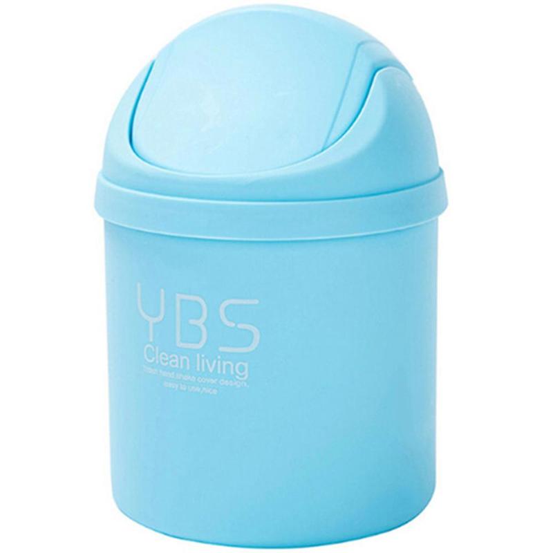 Mini Waste Bin Desktop Home Garbage Basket Table Trash Can Swing with Lid: Blue