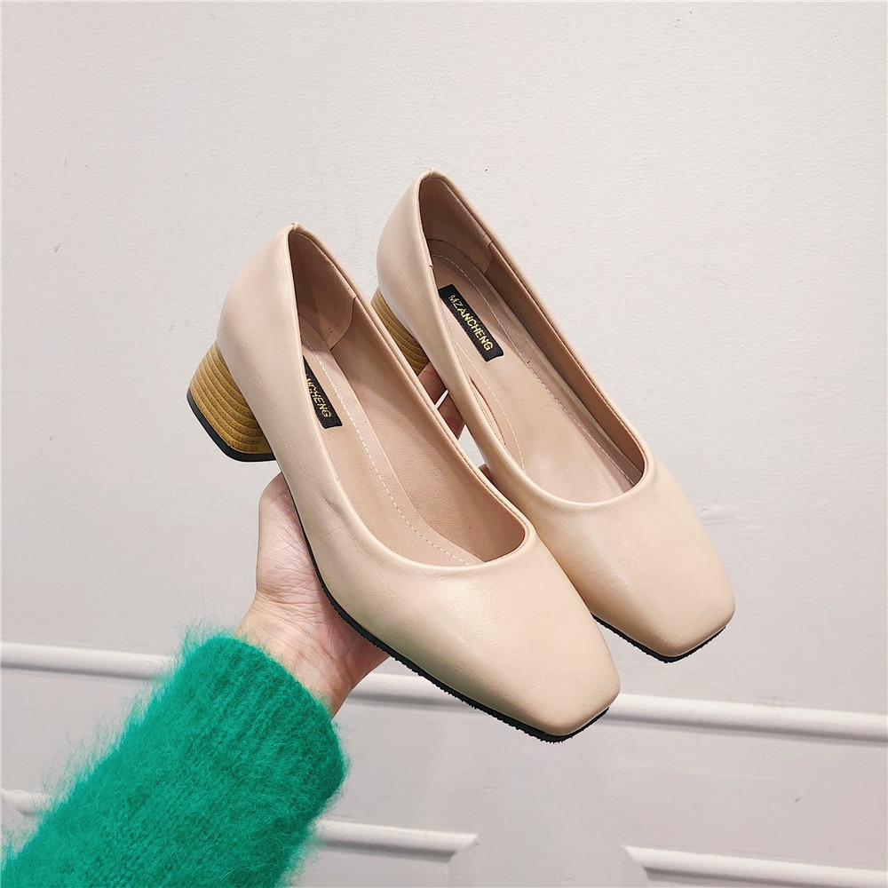 Eoeodoit vår høst med hæl sko kvadrat tå lær pumps slip on uformell chunky hæl kontor dame arbeidssko