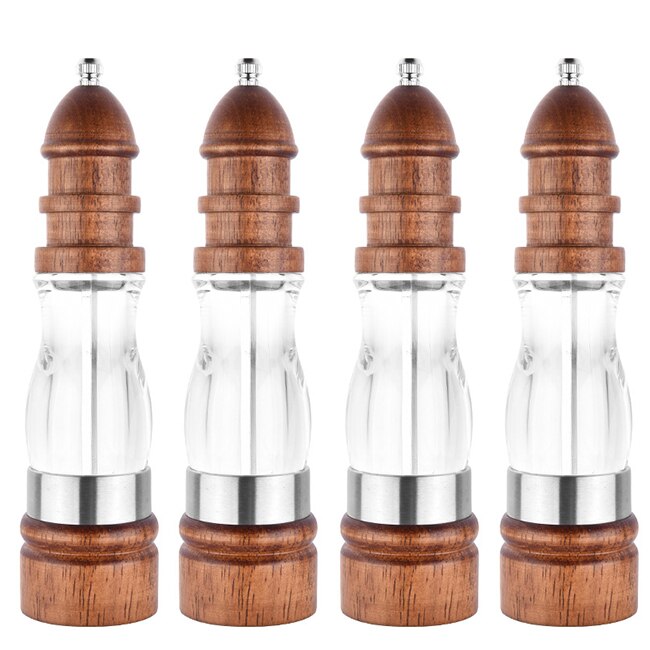 Antieke handmatige peper- en zoutmolen/massief hout + acryl kruidenmolen met keramische maalkern/keuken bbq molens: 4 stuks