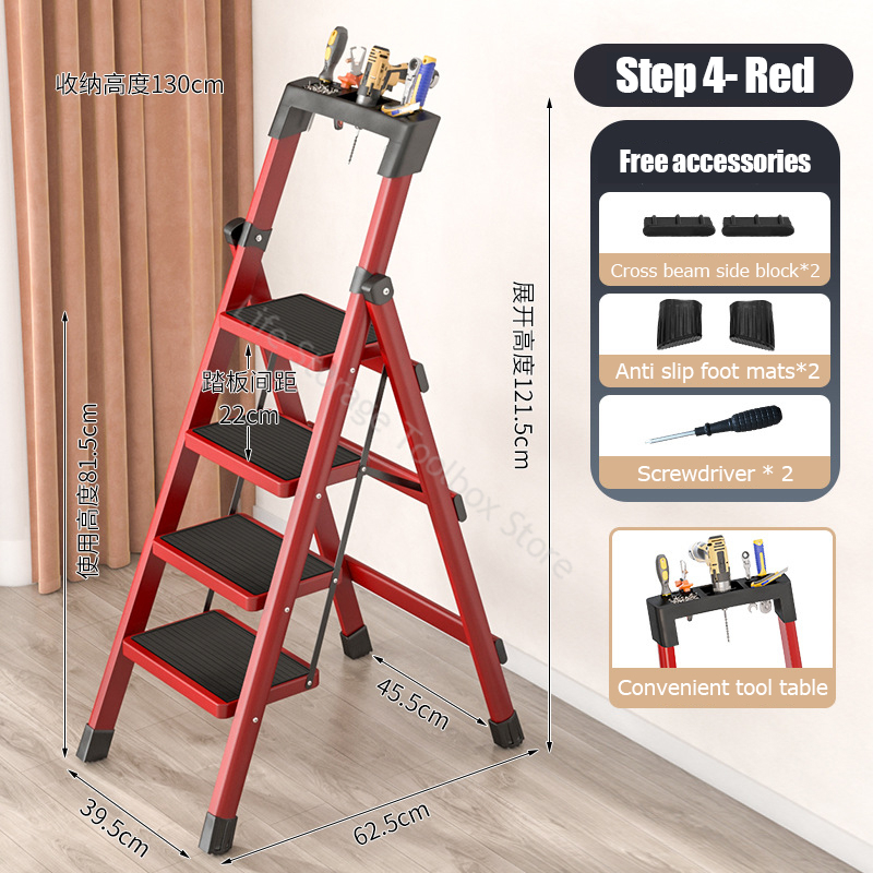 Carbon Steel Folding Ladder Multifunction Ladder 3/4 Step Ladders Kitchen Stairs Portable Step Stool Platform Ladder: Silver