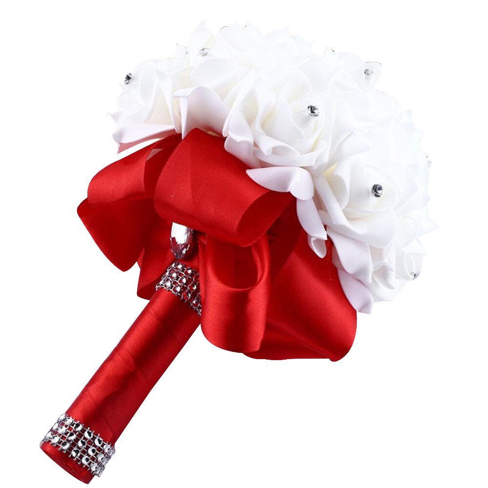 1Piece Cheap Bridesmaid Wedding Decoration Foam flowers Rose Bridal bouquet White Satin Romantic Party Garden bouquet#Y5: Red