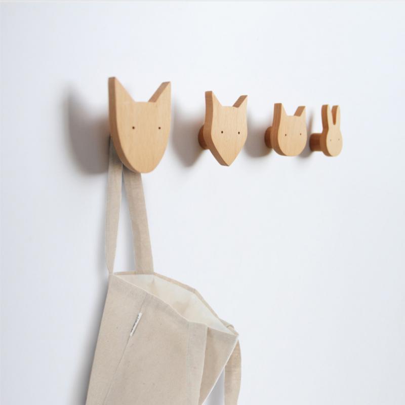 Nordic Style Wood Animal Hook Natural Oak Cute Cartoon Home Decor Door Wall Hook Key Holder Multi Function Modern Storage Hanger