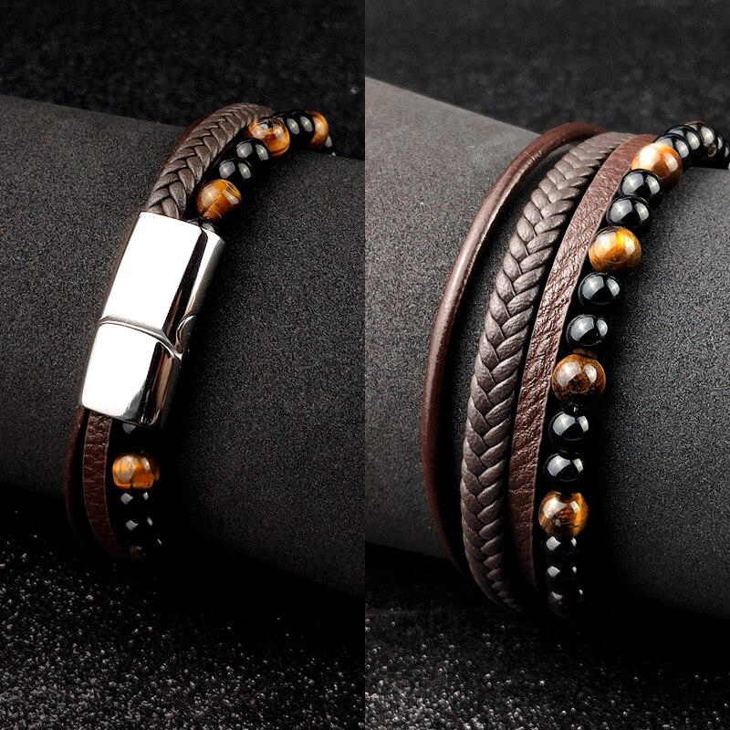 Pulseira de couro trançado para homens vintage, 4 tamanhos de tigre, pedra de amuleto, pulseira étnica rústica de aço inoxidável com contas
