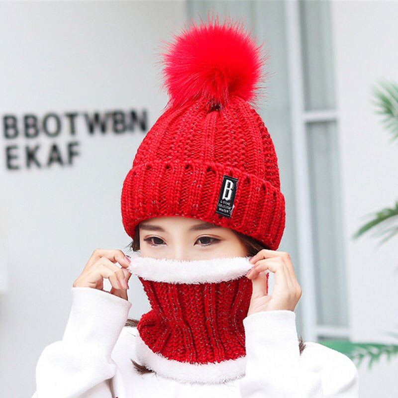 Frauen Dicke Kabel Stricken Hut Schal Weibliche Mützen Plüsch Hut Und Ring Schal Winter Warme Frau Dame Pom Pom kappe Schals Rosa: Red Hat Scarf