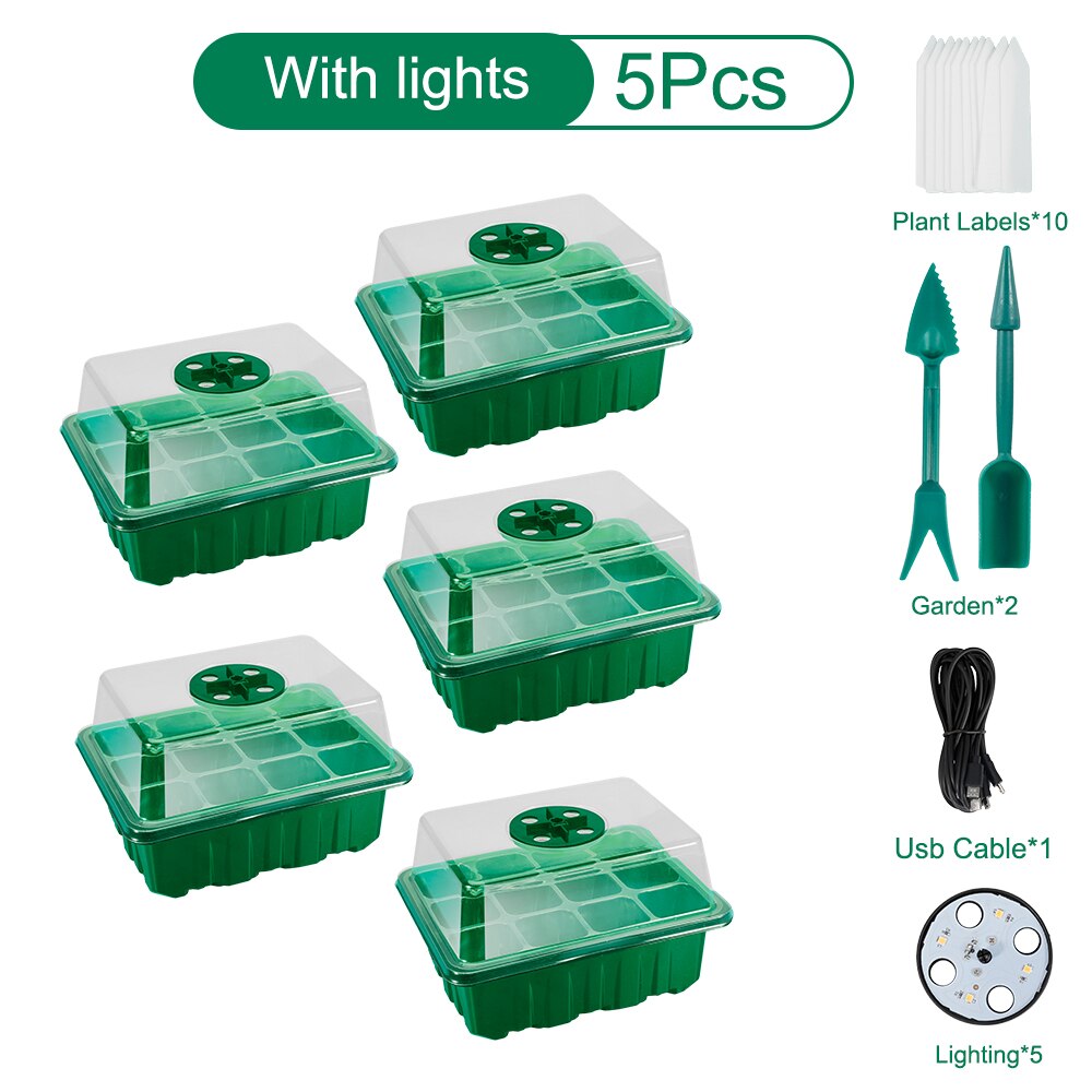 5Pack Plant Seed Seedling Starter Trays Kit with Grow Light Indoor Greenhouse Mini Propagator Station for Seeds Growing Starting: Green B
