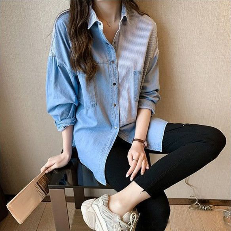 Camisa vaquera de retazos a rayas para mujer, blusa holgada de manga larga con botones que combina con todo, cárdigan informal para primavera y otoño