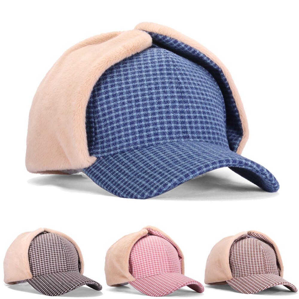 Sombrero de invierno con orejas para mujer, gorra de béisbol femenina, más terciopelo, actividad al aire libre, Retro, a cuadros, accesorios para mujer, lana, HatBQM211
