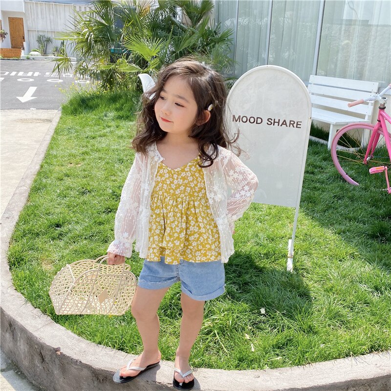 Wlg piger bluse børn sommer blomsterprint gul strop skjorter baby pige søde toppe til 1-6 år