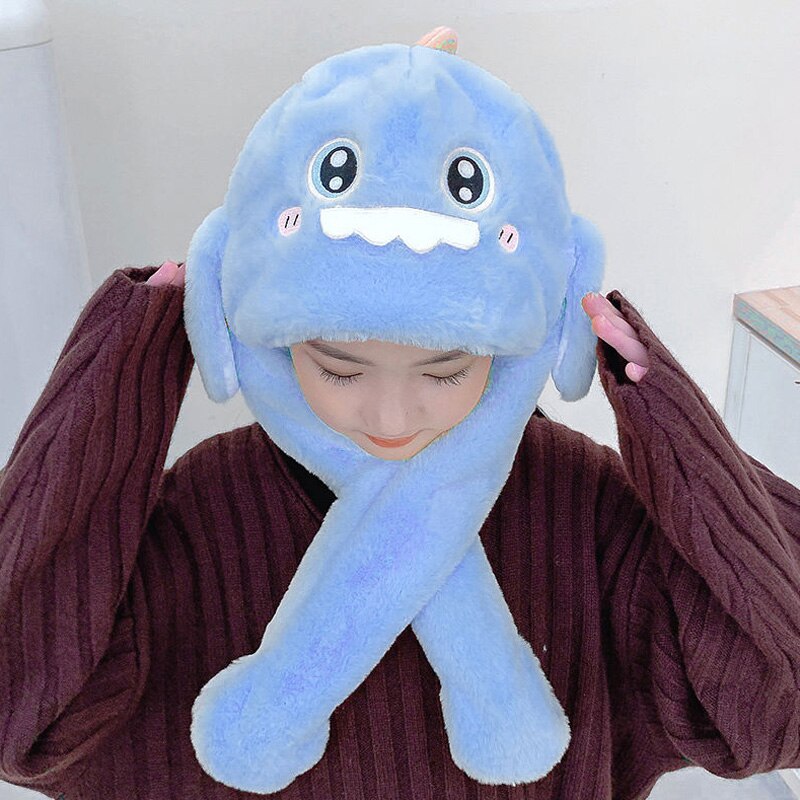 Doitbest-gorros de invierno con orejas móviles para niño y niña, gorro de terciopelo con tiburón grande, bufanda de una pieza, gorros con orejeras: Azul