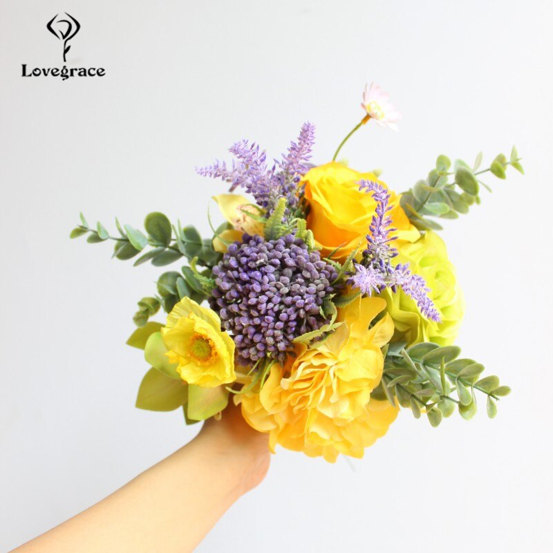 Lovegrace bröllopsbukett brudbukett konstgjord siden ros blomma pion orkidé hortensia lavendel daisy gul bröllop leverans