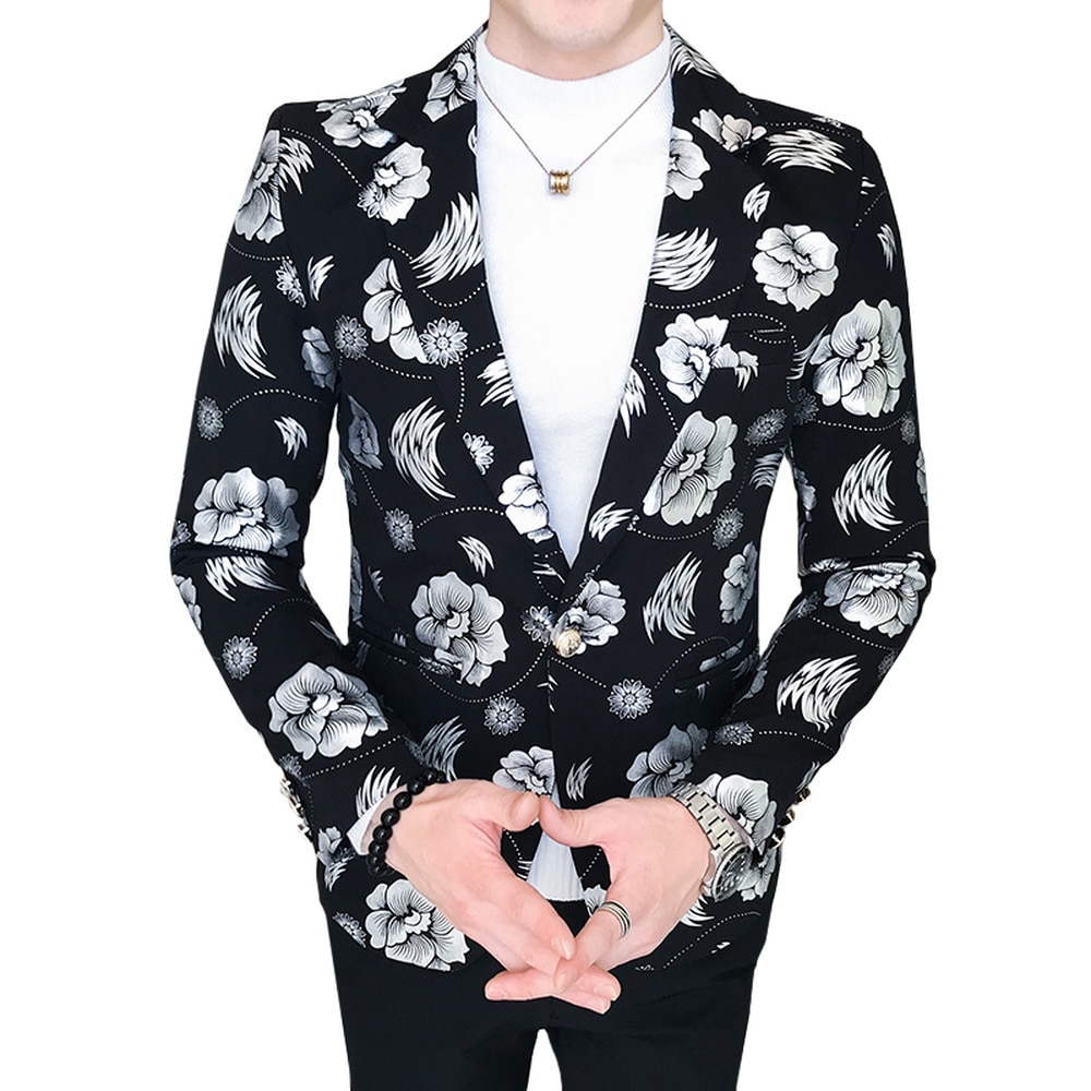 Smokings Heren Blazer Jacket Slim Fit Bloemen Pak Trend Afdrukken Bloemen Mode Mannelijke Party Stage Formele Jasje Zilver Goud