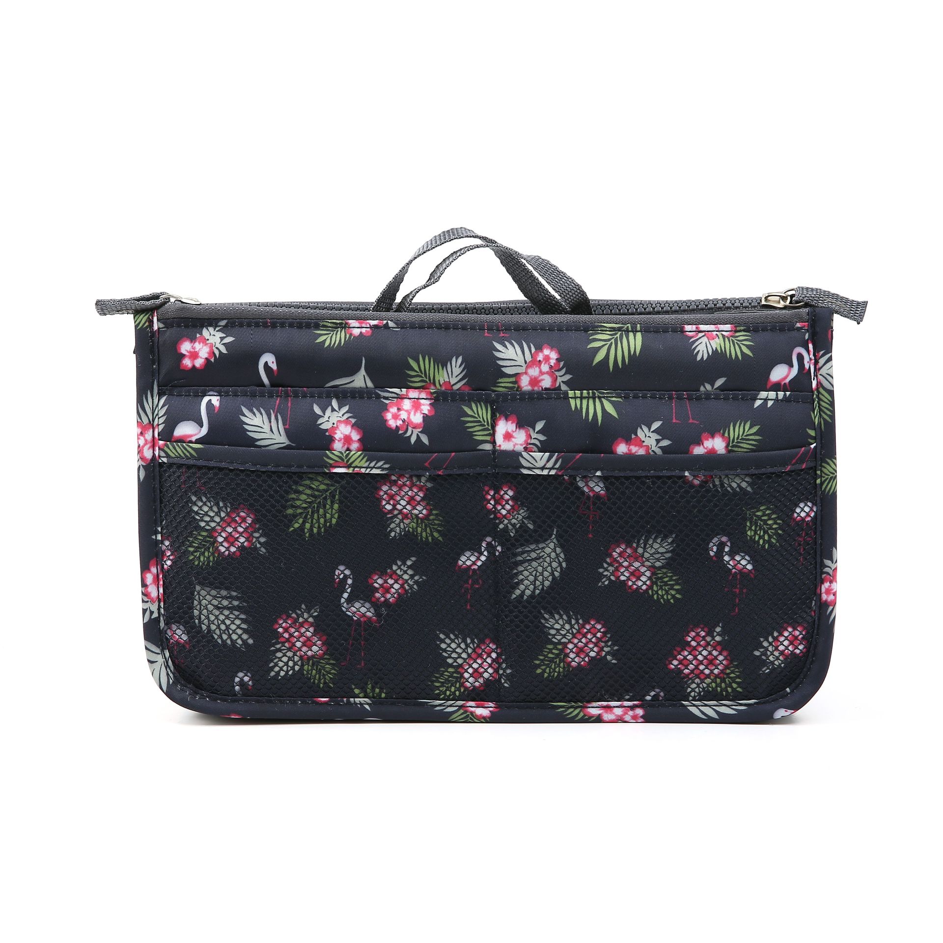 Bolsa de maquillaje para mujer, bolsa de almacenamiento portátil, kit de artículos de aseo, organizador de viaje, bolsa de cosméticos: Black flamingo