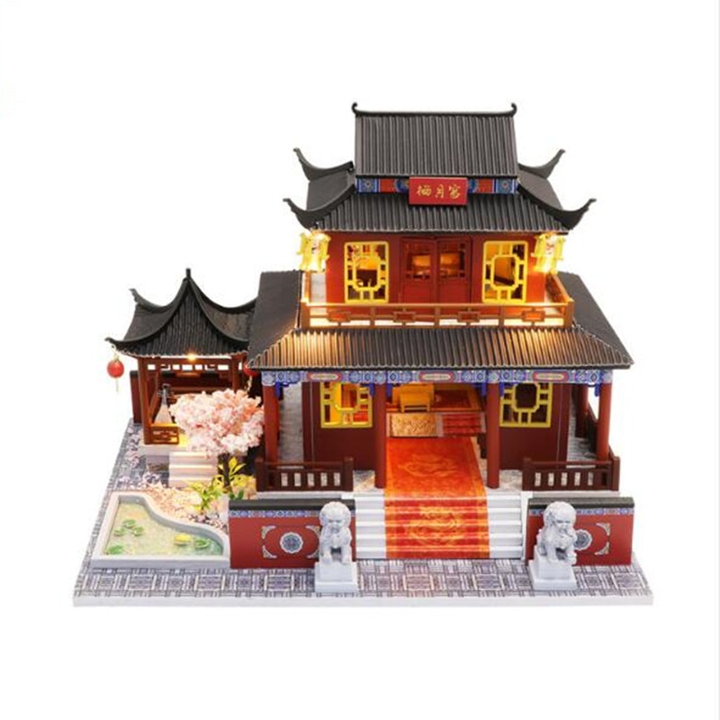 Grote Chinese stijl Houten Diy poppenhuizen Miniatuur Meubels Poppenhuis Kit Casa Speelgoed voor Kinderen Verjaardag Kerstcadeaus
