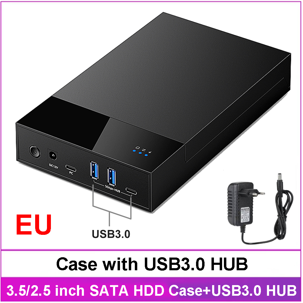 3.5/2.5 inch HDD Case with USB3.0 HUB USB 3.0 to SATA External Hard Drive Reader Support 20TB Hard Drive Enclosure for Laptop: grey