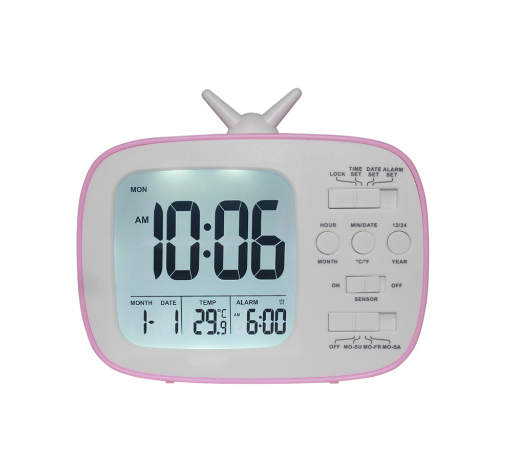 LCD Digital Desk Alarm Clock Bedroom Bedside Snooze Wake Up Light Digital Clock Thermometer: Pink