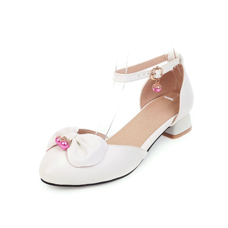 PXELENA Lolita cristal filles Mary Janes chaussures papillon-noeud étudiant fête danse sandales femmes talons bas blanc rose été: WHITE / 10