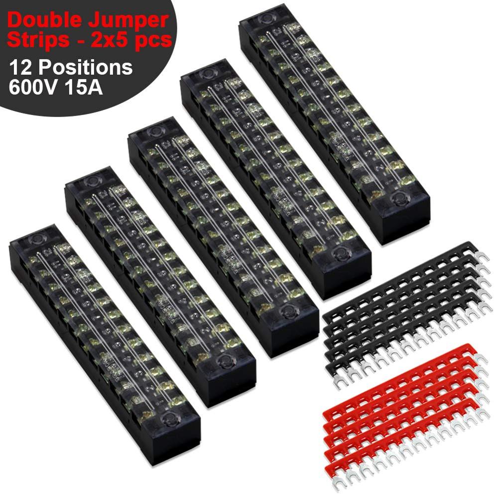 Terminal Block 8 Positions 600V 25A Dual Row Screw Terminals Strip Cover 400V 25A Pre-Insulated Terminal Barrier Jumper Strips: 15A 12P 10pcsJumpers
