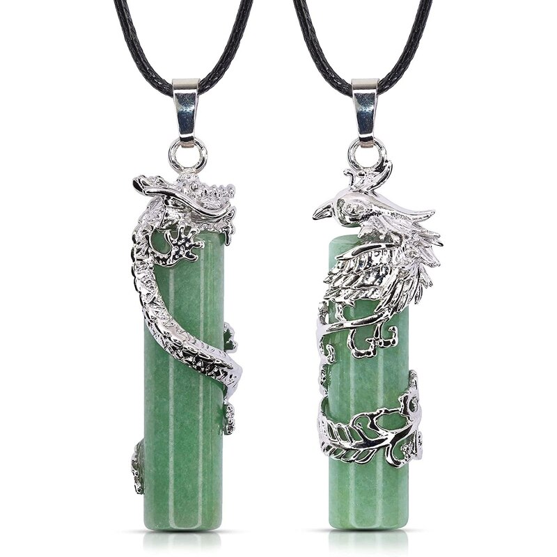 Collar cilíndrico con colgante de Yin Yang para parejas, 2 piezas, dragón de cristal, Fénix, curación por radiación: green