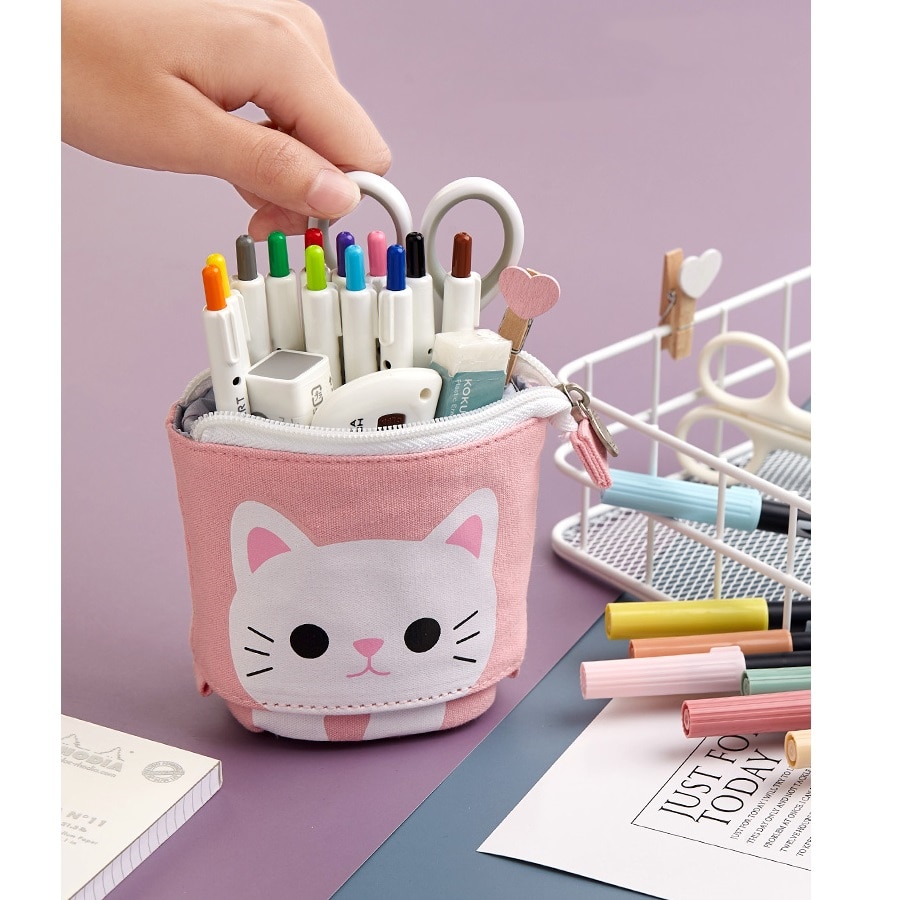 Kawaii pen blyant tasker tilfælde tegneserie søde kat dyr holdbare lærred puses holder papirvarer børn skoleartikler  h6445