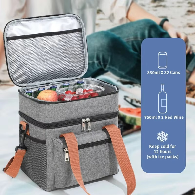 Thermal Lunch Bag Double Layers Large Capacity Lunch Boxes Bags Portable Crossbody Picnic Food Drink Storage Bag Cooler Tote