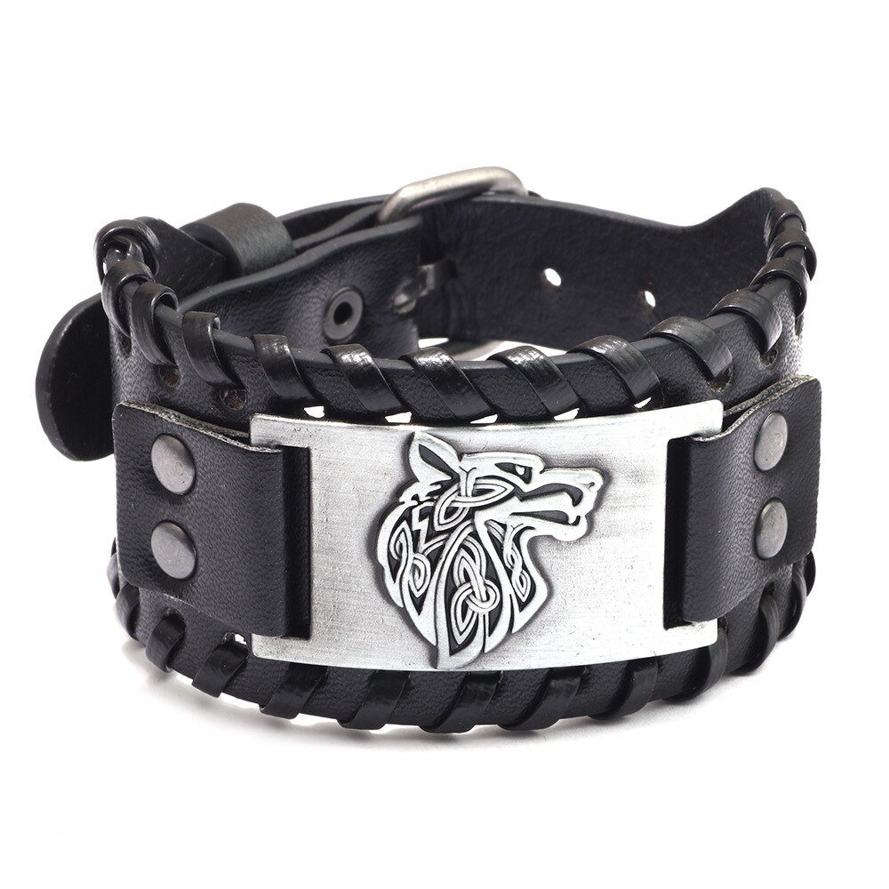 Bracciale vichingo lupo Fenrir bracciale gotico talismano scandinavo nordico Vintage ▾ per gioielli pagani celtici regali per uomo marito: PU Ancient argento