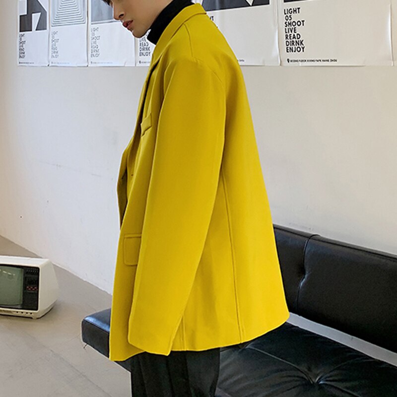 Men Bright Yellow Suit Jacket Notched Lapel Loose Fit Two-Buttons Single Breasted Casual Jackets Spring Mens Outerwear