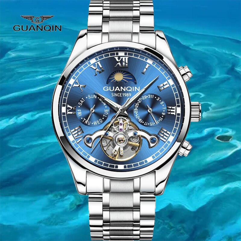 GUANQIN-Reloj de GJ16149-Men, Tourbillon automático, mecánico, resistente al agua 30M, con caja de acero inoxidable luminosa