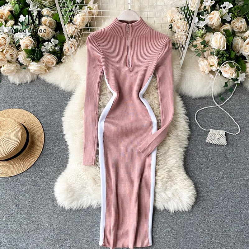 YuooMuoo Autumn Winter Women Sweater Dress Zipper Collar Long Sleeve Casual Knitted Bodycon Dress Slim Stretchy Ladies Dresses