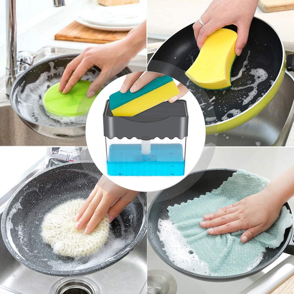 Soap Pump Dispenser 2 In1 Hand Push ABS Washing Liquid Storage Box with Sponge Holder for Kitchen Sink