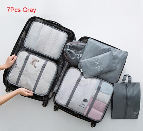 Mihawk Travel Bags Sets Waterproof Packing Cube Portable Clothing Sorting Organizer Luggage Tote System Durable Tidy Pouch Stuff: 7Pcs Gray