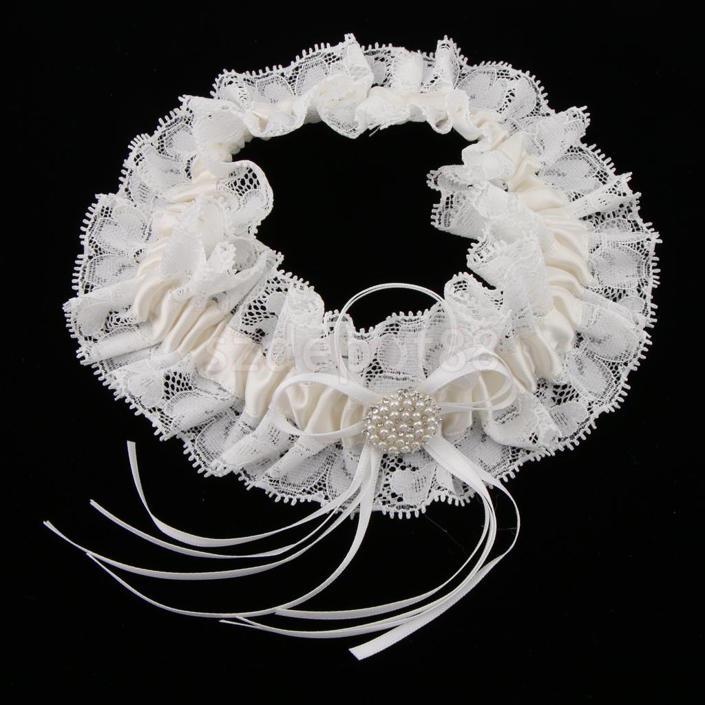 Wedding Bridal Lace Pearls Garter w/ Bowknot Trim Bride to Be Hen Night Party Theme Dress Wedding Party Favor