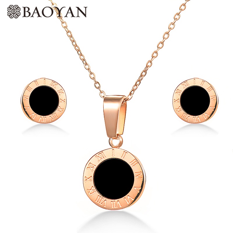 BAOYAN Edelstahl Römischen Ziffern Schmuck setzt Gold/Silber/Rose Gold Überzug Runde Schwarz Hülse Halskette Ohrringe setzt frauen: Rose Gold