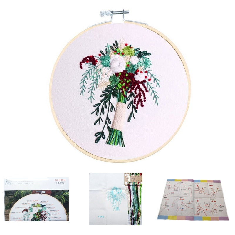 DIY Ribbon Embroidery Kit Flower Printed Floral Pattern Cross Stitch Needlework with Embroidery Hoop Frame Wall Painting Art
