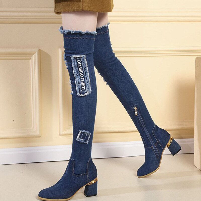 Denim damskie buty na buty do kolan szpiczasty nosek grube szpilki buty kobieta dorywczo dżinsy z frędzlami zakolanówki buty Botas Mujer