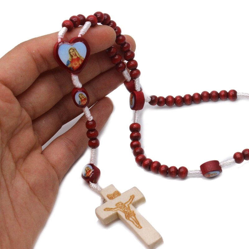 Houten Kralen Rozenkrans Ketting Kruis Hanger Katholieke Virgin Religieuze Jesus Charm