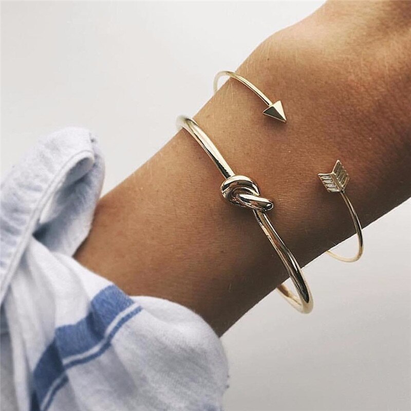 Modyle Bohemian Leaves Knot Round Chain Opening Gold Bracelet Set Women Apparel Jewelry Valentines Day: 82786