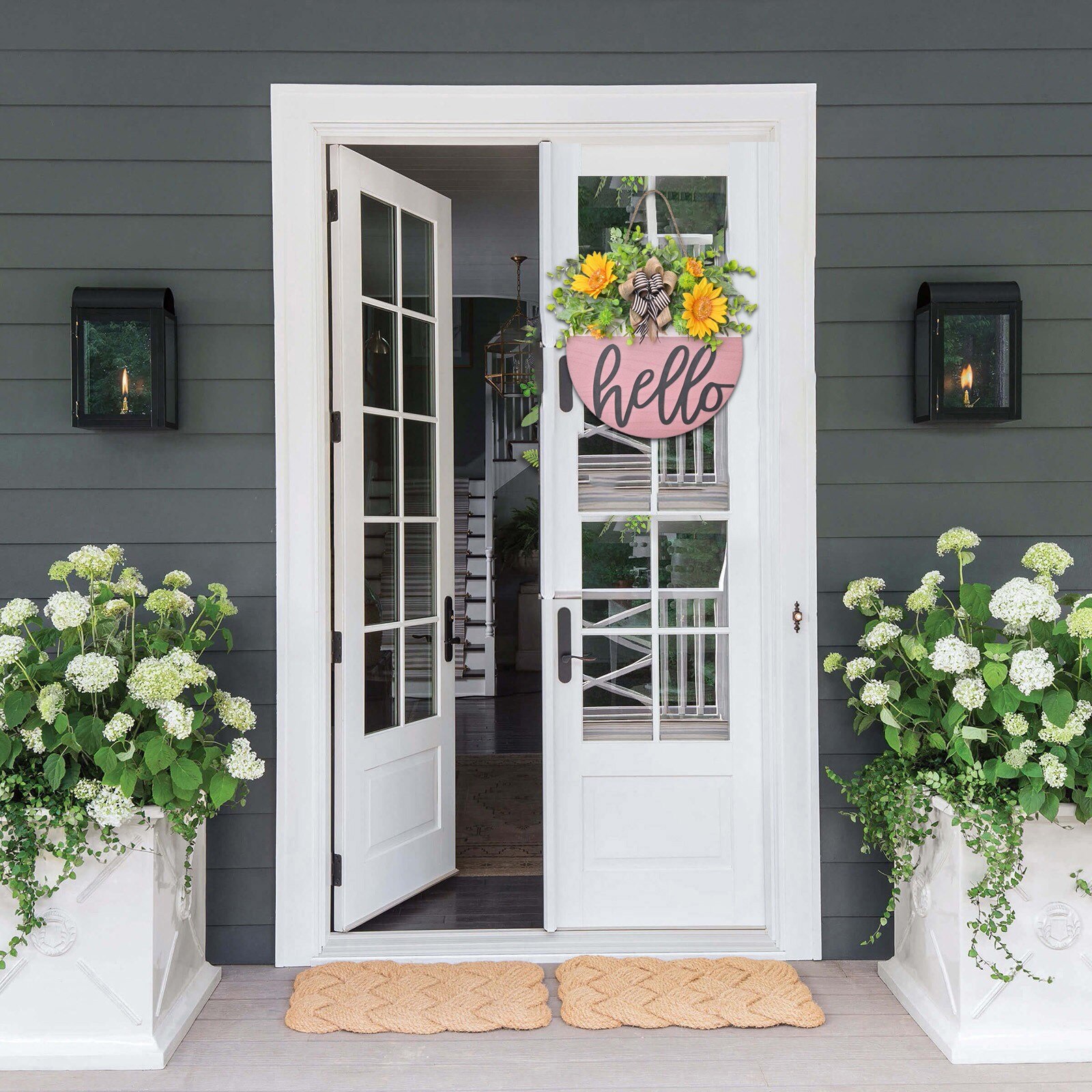 Signe de bienvenue pour porte de printemps en bois, Mini couronne de fleurs d'hortensia rose, décoration de maison, couronnes d'automne