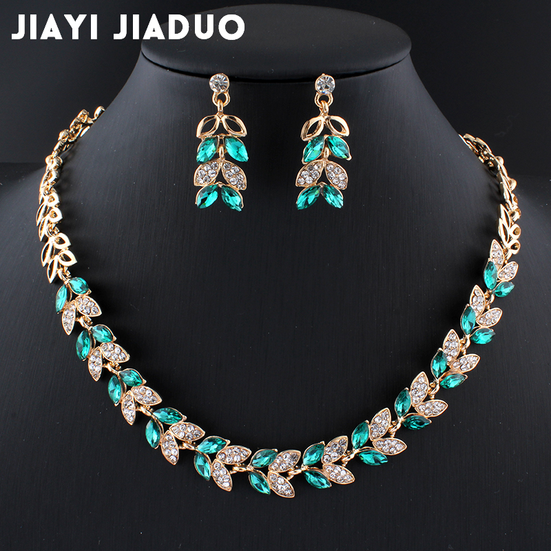 jiayijiaduo Wedding Jewelry Sets for Charming Women Dresses Dating Accessories Green Glass Crystal Necklace Earrings Sets