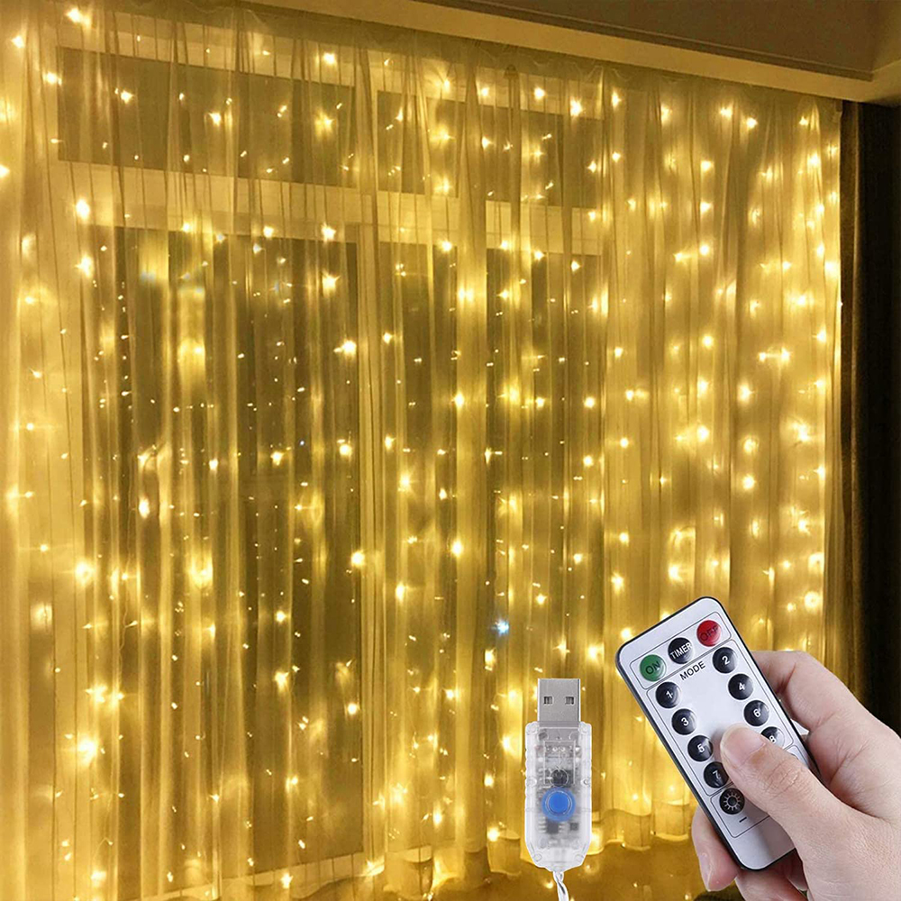 Cortina de luces LED para dormitorio, cadena de hadas USB de 3x3M, guirnalda remota de 8 modos, iluminación decorativa para dormitorio y hogar de boda