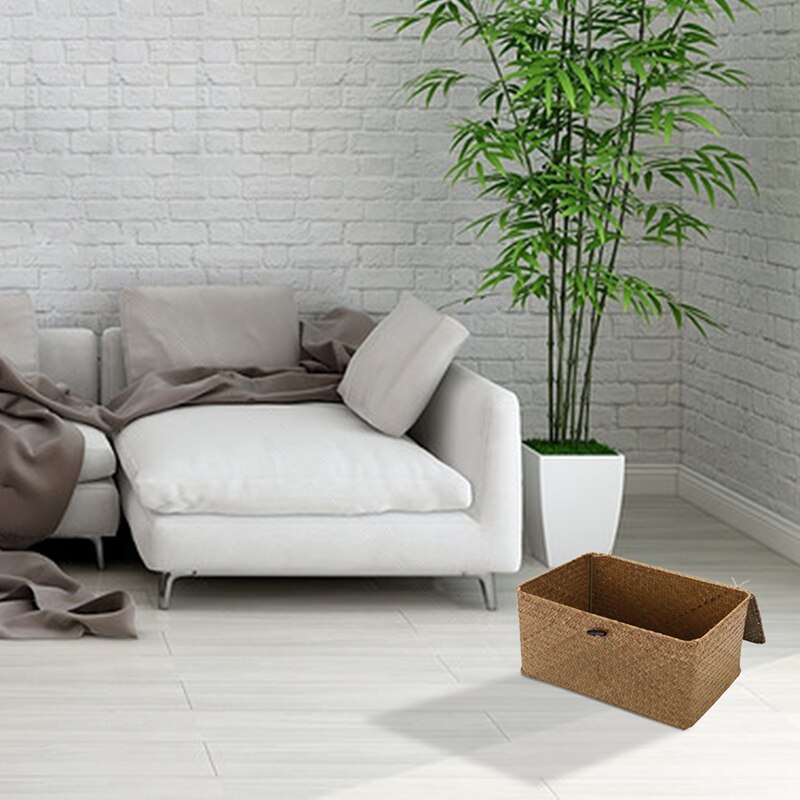 Handmade Straw Woven Storage Basket with Lid Makeup Organizer Storage Box Seagrass Laundry Baskets Rattan Jewelry Box